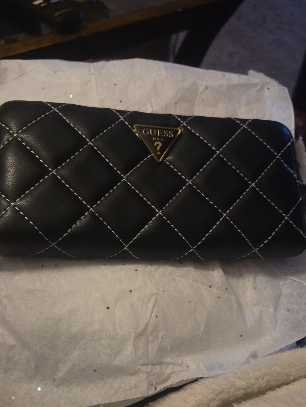 GUESS Black Quilted Wallet with Gold Logo